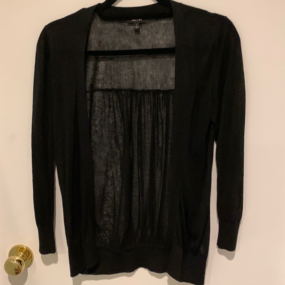 Fine knit black APT. 9 cardigan with gathered back panel. Size small. NWOT.